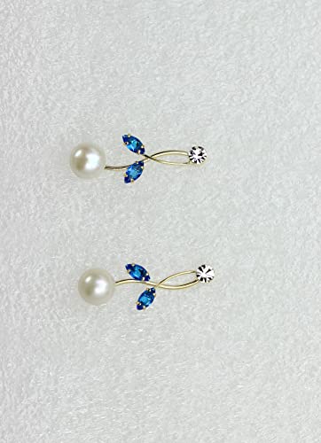 Faship Genuine Freshwater Pearls Floral Necklace Earrings Set | Premium CZ Crystal, Gorgeous, Sparkling - color: Blue / Gold Plated