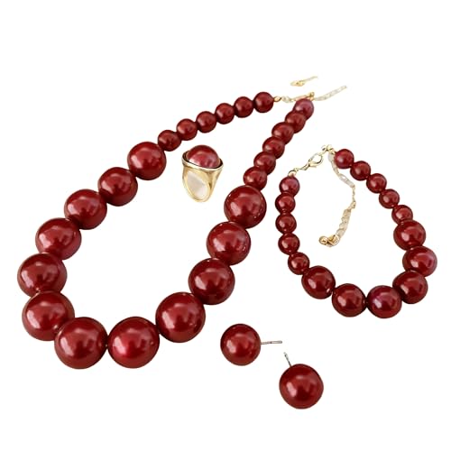 xuzhiyuan Statement Pearl Jewelry Set for Women - Includes Necklace, Bracelet, Earrings, and Ring | Colorful Faux Pearl Fashion Jewelry Set for Party, Wedding, Daily Wear - color: Brown Red