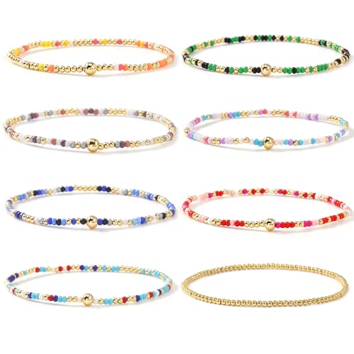 Colorful Stackable Rice Small Mini Seed Beaded Bracelets Set For Women, Handmade Dainty Boho Gold Glass Stretch Accessories Jewelry,Summer Beach Party Daily Friendship Gift - color: Rainbow175