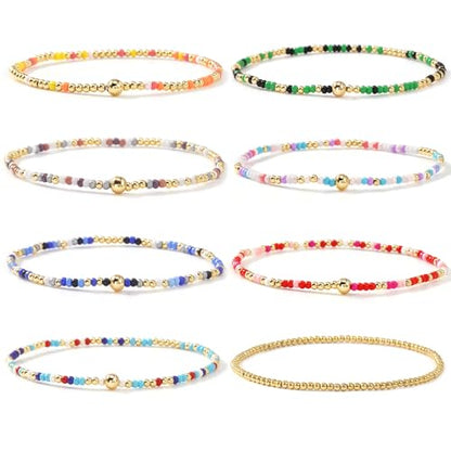 Dainty Gold Plated Beaded Bracelet Stack for Women,Handmade Bohemian Colorful Beads Stackable Stretch Bracelets Fashion Prom Jewelry Accessories Gift Friendship