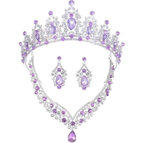 Kamirola Bridal Wedding Tiara Crown Jewelry Set for Women/Brides/Bridesmaids Crystal Jewelry Set for Wedding Prom Party Bridal Crystal Necklace Earrings Bracelet Set(TR60) - color: Silver Purple