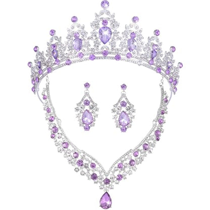 Kamirola Bridal Wedding Tiara Crown Jewelry Set for Women/Brides/Bridesmaids Crystal Jewelry Set for Wedding Prom Party Bridal Crystal Necklace Earrings Bracelet Set(TR60) - color: Silver Purple