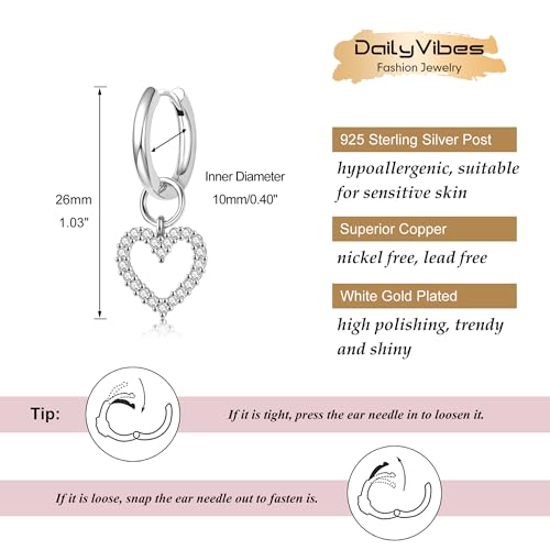 DAILY VIBES Cute Butterfly Star Cross Heart CZ Dangle Earrings for Women | 925 Sterling Silver Post, 14K Gold or Silver Plated, Mini Cubic Zirconia Dainty Drop, Cartilage Small Huggie Hoop Earrings - color: Silver Heart CZ