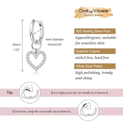 DAILY VIBES Cute Butterfly Star Cross Heart CZ Dangle Earrings for Women | 925 Sterling Silver Post, 14K Gold or Silver Plated, Mini Cubic Zirconia Dainty Drop, Cartilage Small Huggie Hoop Earrings - color: Silver Heart CZ