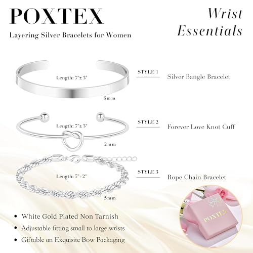 925 Sterling Silver Bracelets for Women Stack, Trendy Tennis Bangle Cuff Jewelry Set 14K Gold Plated, Adjustable Bracelet Set for Wrist Essentials, Women Fashion Watch Band Acecessories - style: Bracelet_3pcs(Silver Bangle Set)