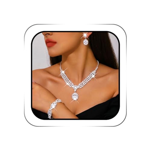 Silver Rhinestone Jewelry Sets Wedding Necklace Set for Women | Bridal Necklace Earrings Bracelet,Sparkly Crystal Prom Costume 3Pcs