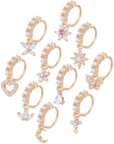 10Pcs Dangle Nose Rings Hoop Butterfly Heart Moon Flower Star CZ Cartilage Earring Dangling Nose Body Piercing Jewelry 20G Silver Rose Gold Black Tone - color: C:Rose Gold Tone