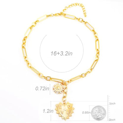 ORIGENCE Sun Heart Necklace for Women 18K Gold Plated Heart Pendant Necklace Chunky Chain Choker Necklaces Hip Hop Charm Necklaces Trendy Unisex Jewelry - style: 2Charm-Gold