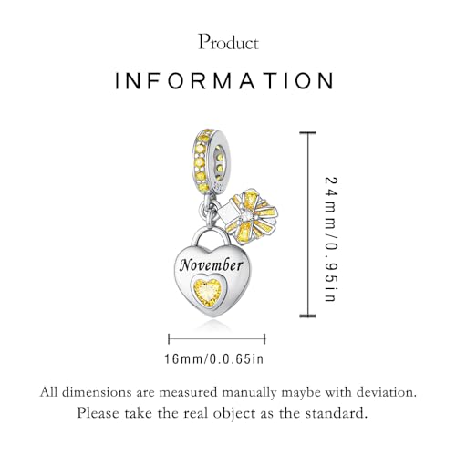 LNQOBU 925 Sterling Silve Heart-shaped Birthstone Charm for Bracelets, With 5A Cubic Zirconia Birthday Charms Dangle Pendant Bead for Pandora Bracelets - color: K-November