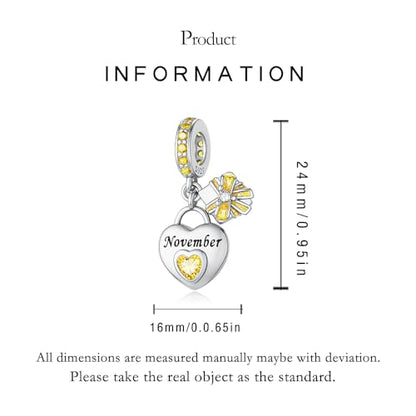 LNQOBU 925 Sterling Silve Heart-shaped Birthstone Charm for Bracelets, With 5A Cubic Zirconia Birthday Charms Dangle Pendant Bead for Pandora Bracelets - color: K-November