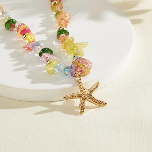 Gold Starfish Necklace Natural Stone Beaded Necklaces for Women Boho Handmade Irregular Stone Bead Necklace Summer Beach Ocean Jewelry Gift - color: Colorful