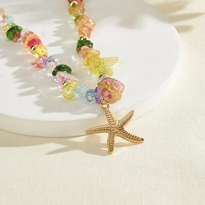 Gold Starfish Necklace Natural Stone Beaded Necklaces for Women Boho Handmade Irregular Stone Bead Necklace Summer Beach Ocean Jewelry Gift - color: Colorful