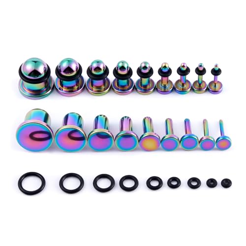 9 Pairs Ear Stretching Kit Stainless Steel Ear Plugs Ear Gauges Ear Expanders Set Flat Back Earring Stretching O-Shaped Rings Body Piercing Jewelry for Men Women 14G-00G - color: Colorful