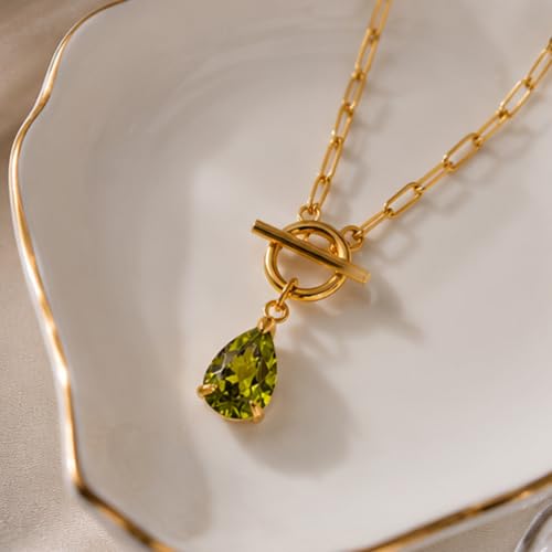 Teardrop CZ Pendant Paperclip Chain Necklace 18K Plated Paperclip Toggle Necklace Jewelry Birthstone Gift for Women - color: Peridot-August