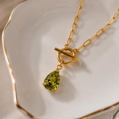 Teardrop CZ Pendant Paperclip Chain Necklace 18K Plated Paperclip Toggle Necklace Jewelry Birthstone Gift for Women - color: Peridot-August