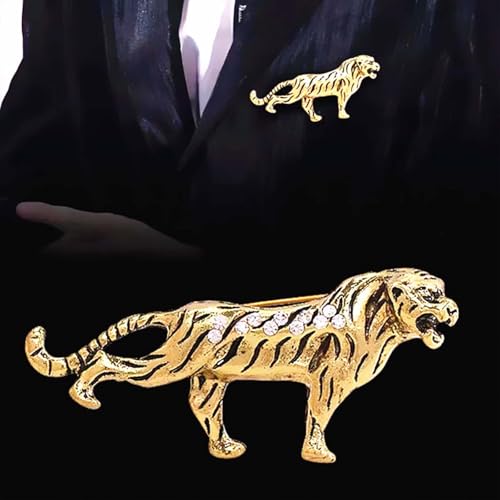 HETICA Vintage Animal Dragon Skull Wolf Crown Lion Brooch for Men Women Suit Tie Dress Lapel Pin Fashion Jewelry - style: Vintage Gold Tiger