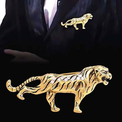 HETICA Vintage Animal Dragon Skull Wolf Crown Lion Brooch for Men Women Suit Tie Dress Lapel Pin Fashion Jewelry - style: Vintage Gold Tiger