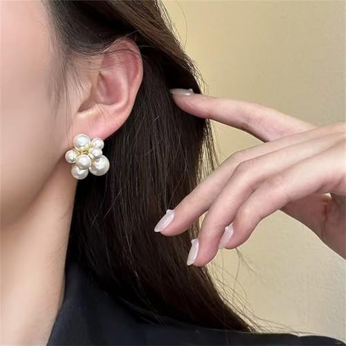 Gold Plated Pearl Flower Stud Earrings for Women - Faux Pearl Cluster Statement Earrings, Hypoallergenic Floral Studs, Elegant Jewelry for Wedding & Everyday Wear