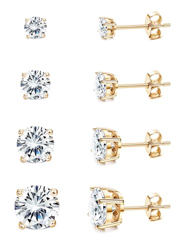 MILACOLATO S925 Sterling Silver Stud Earrings for Women Men Hypoallergenic 18K Gold Plated Cubic Zirconia Earrings Studs Brilliant Simulated Diamond Halo Earring for Sensitive Ears - style: 18K Gold Plated - Round CZ