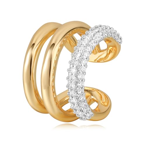 Sparkle Ear Cuff for Women, Non Piercing Single | 14K Gold Plated Brass, Clear Cubic Zirconia Accents, Fixed 3.8-3.9 mm Opening, Single Non-Piercing Cuff For Ear Stacks - style: Sparkle Split Trio
