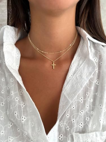 Cross Necklace for Women Dainty 14K Gold/Silver Plated Sideways Cross Necklace Non Tarnish Trendy Gold/Silver Small Cute Simple CZ Jewelry Baptism Religious Faith Jewelry Gifts - color: GD