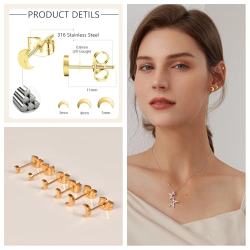 Screw on Earring Backs for Women,Hypoallergenic Surgical Steel Stud Earrings Ball Star Circle Simple Geometric Cartilage Helix Flat Back Piercing Earrings - color: 3Pairs,Gold,Moon(3-5mm)