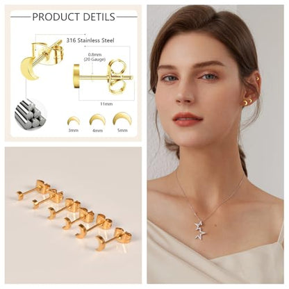 Screw on Earring Backs for Women,Hypoallergenic Surgical Steel Stud Earrings Ball Star Circle Simple Geometric Cartilage Helix Flat Back Piercing Earrings - color: 3Pairs,Gold,Moon(3-5mm)