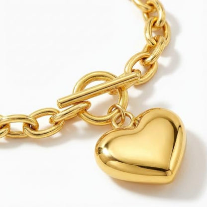 18K Gold Plated Chunky Link Chain Heart Pendant Jewelry for Women, Fashion Statement Accessory, Birthday Gift for Her - color: Gold-Bracelet