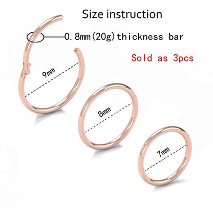 4G/6G/8G/10G/12G/14G/16G/18G/20G Hypoallergenic Nose Hoop Rings Steel Hinged Clicker Segment Gold/Rose Gold/Black/Pink Color - style: 3pc: 20g×7/8/9mm Rose Gold