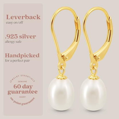 KEZEF Freshwater Cultured Pearl Drop Earrings, 14k White Gold Plated Sterling Silver, 7-8mm Dangle Earrings, Leverback, Hypoallergenic for Women, White Pearl Earrings - style: 14k Yellow Gold