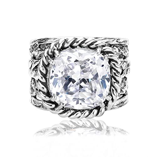 JEAN RACHEL JEWELRY 925 Sterling Silver Braid Leaf Cushion Ring | Ornate statement ring beautifully adorned with sculpted leaf motifs, twisted rope braids, and a CZ center stone. - color: White CZ