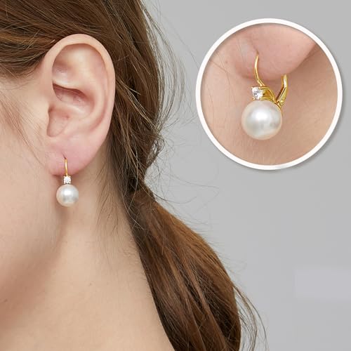 925 Sterling Silver Pearl Leverback Earrings for Women Cubic Zirconia Pearl Jewelry 10MM - color: A: Leverback-Yellow