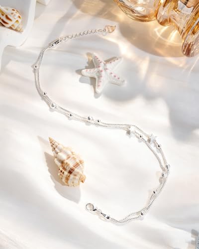 Silver Ankle Bracelets for Women, Butterfly/Stars Cute Charm Anklet, 14K Gold Plated Layered Chain Anklets for Women Teen Girls - style: Star