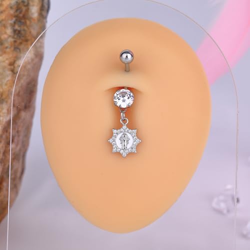 B BodyPJ Sparkles 14G Religious Belly Button Ring with Crystal Cross and Religious Charms, Stainless Steel - style: Type D,Silver