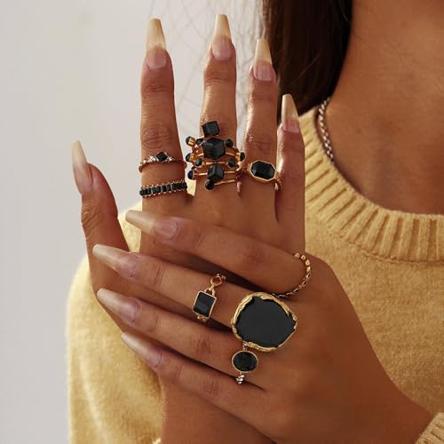 Chunky Gold Rings for Women Non Tarnish, Baroque Pearl Flower Tiger's Eye Stone Rings Adjustable Stacking Statement Rings Set Fashion Jewelry Gifts - style: All Black Set