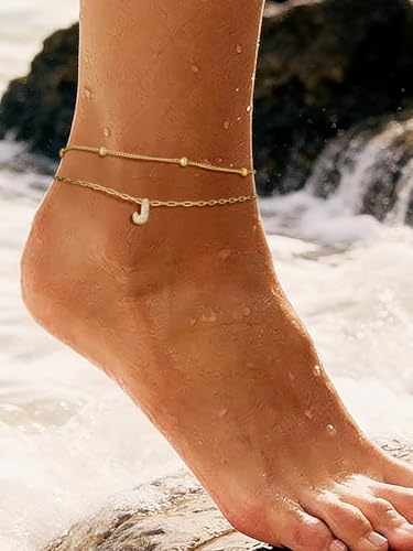 Richsteel Initial Ankle Bracelets for Women Waterproof, 14K Gold Plated/Silver Stainless Steel Anklets, Dainty Adjustable Layered Anklets with Bubble Letter, Non Tarnish Summer Beach Jewelry with Gift Box - color: J-Gold-Plated