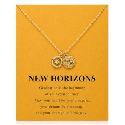 Zealmer Dainty 18K Gold Plated Compass World Map Pendant Necklace Graduation Gift for Friends - color: Compass