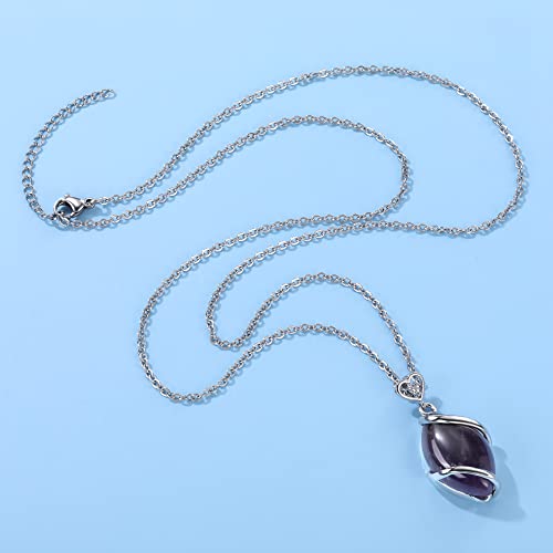 Jovivi Amethyst Rose Quartz Stone Necklace for Women Men, Full Wire Wrapped Natural Gemstone Reiki Healing Crystal Pendant Jewelry - color: Amethyst Crystal