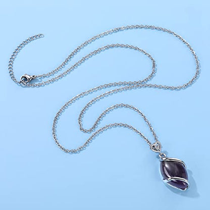 Jovivi Amethyst Rose Quartz Stone Necklace for Women Men, Full Wire Wrapped Natural Gemstone Reiki Healing Crystal Pendant Jewelry - color: Amethyst Crystal