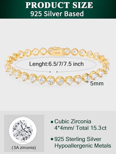 Sterling Silver 14K Gold Plated 2.5mm/3mm/4mm/5mm Round Cut Moissanite Tennis Bracelet, Classic Luxury Bezel Set Diamond Bracelets for Women Men Wedding Birthday Jewelry, Size 6.5" 7" 7.5" 8.3" - color: CZ-4mm Width-Gold, size: 7.0 Inch (Fit Wrist 6"-6.5"