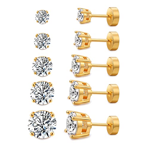 Kainier Women's 14K Gold Plated CZ Stud Earrings Simulated Diamond Round Cubic Zirconia Ear Stud Set（5 Pairs)… - color: Flatback-Gold