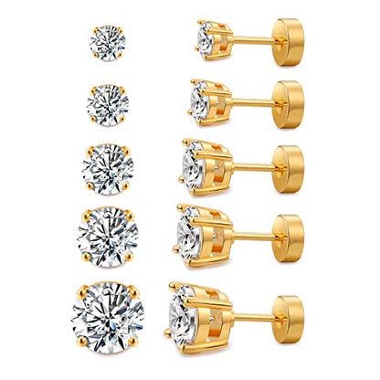 Kainier Women's 14K Gold Plated CZ Stud Earrings Simulated Diamond Round Cubic Zirconia Ear Stud Set（5 Pairs)… - color: Flatback-Gold