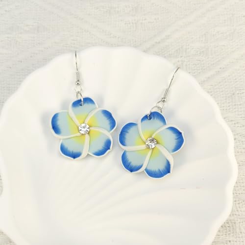 Floral Dangle Earrings for Women Hawaiian Tropical Plumeria Rubra Flower Drop Earrings with Cubic Zirconia Luau Beach Party Vacation Hawaiian Accessories Jewelry Gift - color: Light Blue