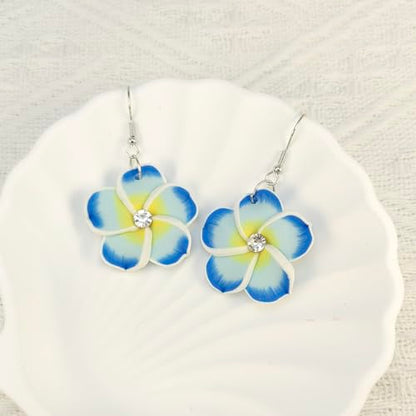 Floral Dangle Earrings for Women Hawaiian Tropical Plumeria Rubra Flower Drop Earrings with Cubic Zirconia Luau Beach Party Vacation Hawaiian Accessories Jewelry Gift - color: Light Blue