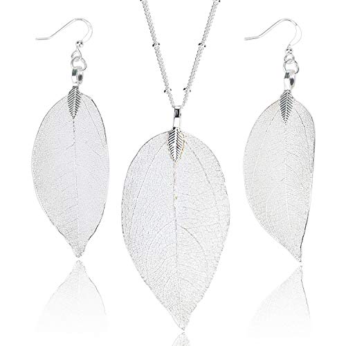 Filigree Long Leaf Pendant Dangle Necklace and Earring Jewelry Set | Beautiful Fashion Delicate Long Leaf Necklace Earrings For Women Trendy Boho - color: B-White Gold Jewelry Set