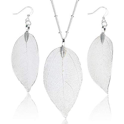 Filigree Long Leaf Pendant Dangle Necklace and Earring Jewelry Set | Beautiful Fashion Delicate Long Leaf Necklace Earrings For Women Trendy Boho - color: B-White Gold Jewelry Set