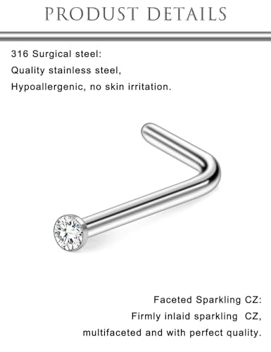 Hoeudjo Nose Studs Surgical Steel Cubic Zirconia Nose Rings Kit for Women Men Tiny Nose Stud Bone & Screw & L Shaped Nostril Piercing Jewelry 18/20/22/24 Gauge 10 Pieces - color: silver-tone,L-shaped nose studs, size: 22g/1.5mm clear CZ
