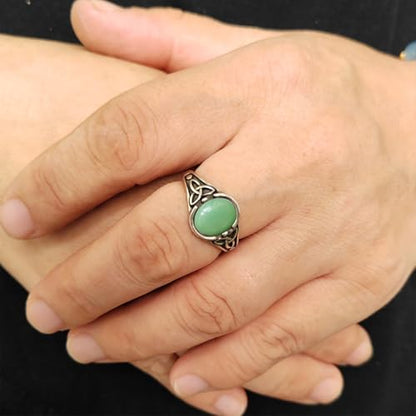 Viking Celt Knot Oval Natural Stone Ring,Retro S925 Sterling Silver Quartz Gemstone Ring,Punk Gothic Crystal Ring for Women - color: A05_Dongling Jade