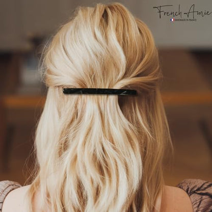 French Amie Long and Thin Black Nycra Large 4 Inch Hair Clip Barrette | Handmade For Women Girls Teens Adults Everyday Style - color: Black Nycra