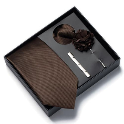 joy alice 30 Colors Solid Ties for Man Pure Color Men's Tie Set with Lapel Pin Pocket Square Tie Clip - color: Brown